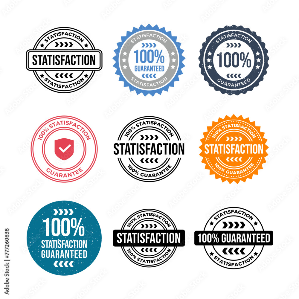 100% satisfaction guaranteed seal or label flat vector icon collection isolated on white background.