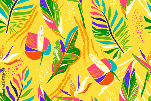 Abstract art seamless pattern with tropical flowers, leaves on yellow background. Colorful flowers of anthurium, strelitzia and palm leaves, croton, triostar stromantha. Modern summer pattern. Vector. © Oksana_Skryp