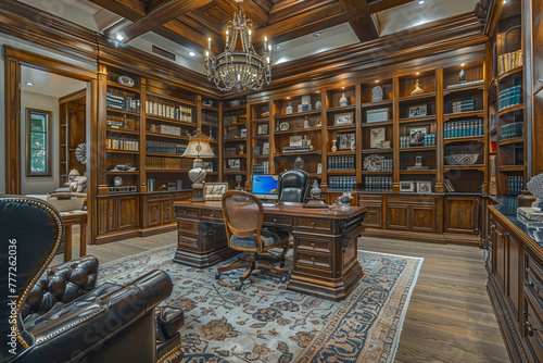 Sophisticated home office boasting upscale design elements.