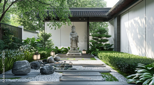 A modern courtyard with Japanese-style elements, featuring white walls and black tiles.