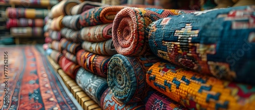 Exploring the Vibrancy of Handmade Oriental Carpets at a Traditional Middle Eastern Market. Concept Middle East, Carpets, Traditional Market, Vibrant Colors, Handmade Goods photo