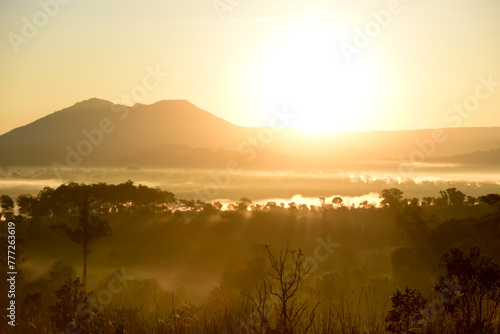 Morning mist and mountain view with worm light of sunrise