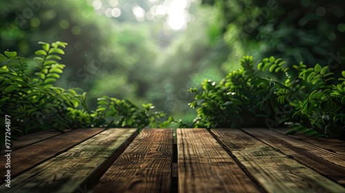 Wood table and foliage. Generative AI
