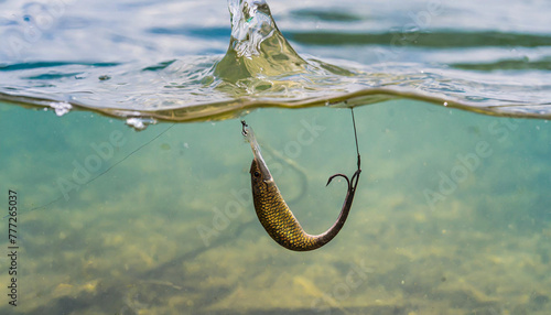 Fishing. Close-up shut of a fish hook under water. photo
