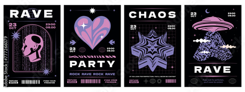 A collection of posters in the style of y2k with a minimalistic futuristic design. A cover templates for a techno party with different minimalistic silhouettes.