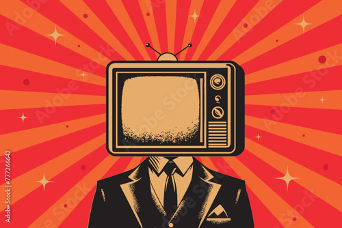 A man in a suit with a TV for a head. Stylized retro engraving illustration. A metaphor for fake and propaganda news.