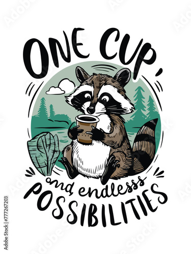 A fun and whimsical T-shirt design featuring a cartoon Raccoon drinking coffee. Perfect for t-shirts, apparel and other merchandise vector illustration