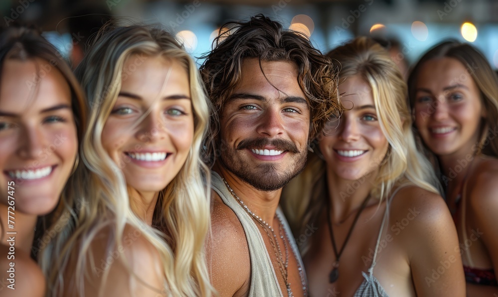 A handsome man surrounded by beautiful girls in a nightclub A handsome man surrounded by beautiful girls in a nightclub