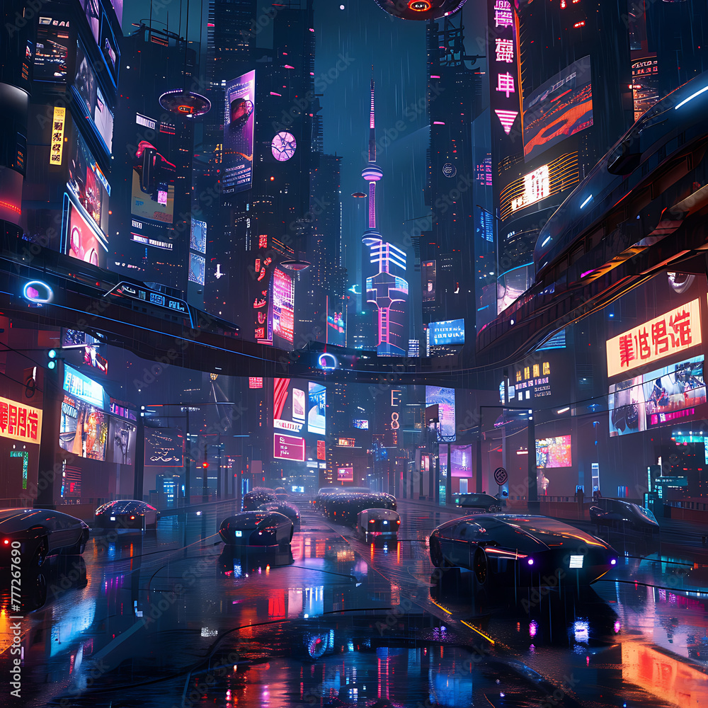 A futuristic cityscape with neon lights and cars driving down a wet street