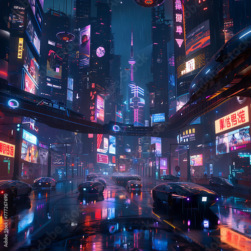 A futuristic cityscape with neon lights and cars driving down a wet street