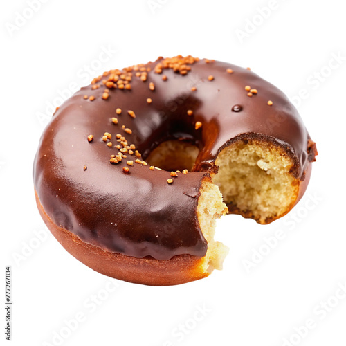 Chocolate donut on bite isolated on transparent background.