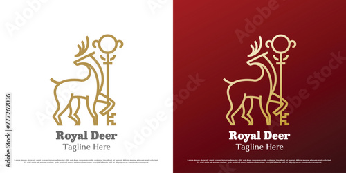 Royal deer key logo design illustration. Linear silhouette deer stag doe ruminant buck elk gazelle animal fauna wildlife kingdom key. Simple minimal gradient major crest palace icon symbol elegant.