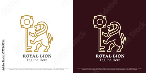 Royal lion key logo design illustration. Silhouette of a royal lion holding a key animal mascot roar claw paw fauna wildlife imperial honor emperor. Simple minimal minimalist majesty majestic luxury.