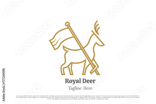 Deer flag logo design illustration. Line art linear deer reindeer stag buck antelope fawn elk moose ruminant mascot horn animal body. Simple minimal geometric heraldry crest royal kingdom icon symbol.