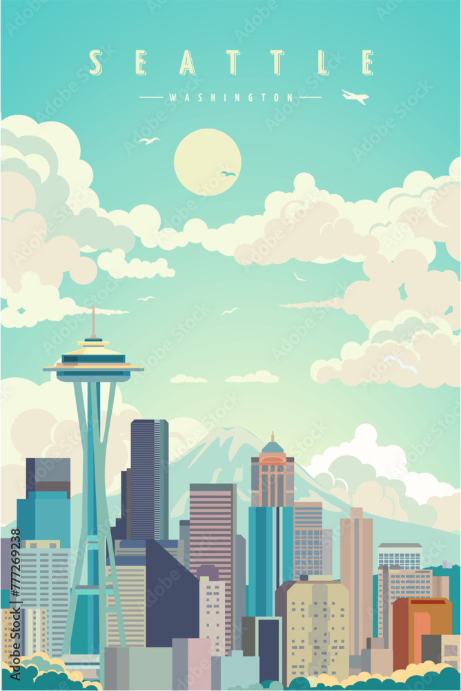 Obraz premium Seattle city retro poster vector illustration, travel destination, Washington 