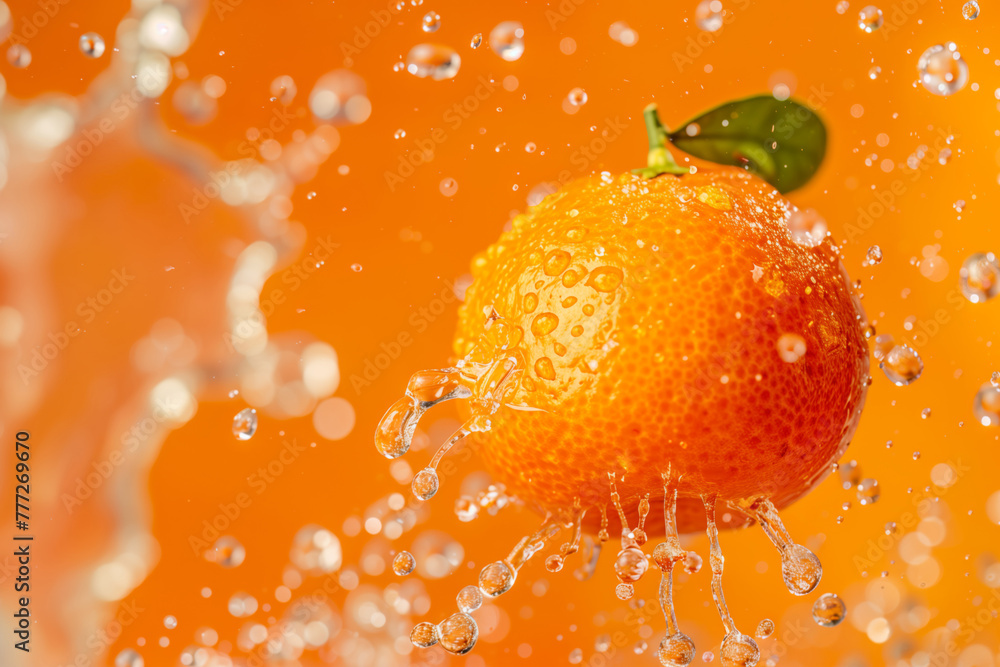 From the first, juicy tangerine with splashes and drops of water on an orange background From the first, juicy tangerine with splashes and drops of water on an orange background