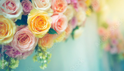 Flowers Wall Background With Amazing Multicolor Roses  Wedding Decoration  Retro Filter Tone.
