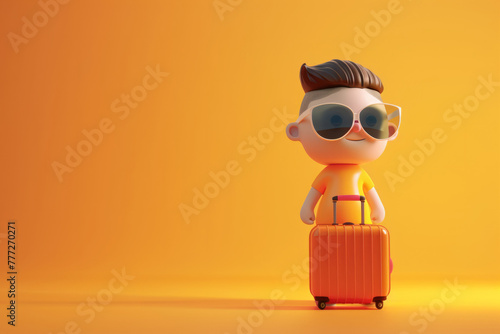 3D style cute cartoon character of a person going on vacation holding a suitcase