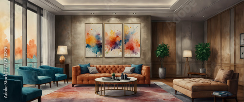 for advertisement and banner as Lounge Luxe The luxury of a well appointed office lounge depicted in watercolor. in watercolor office room theme ,Full depth of field, high quality ,include copy space  photo