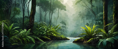 for advertisement and banner as Lush Rainforests Bring to life the dense and vibrant ecosystems of rainforests. in Global Business  theme  Full depth of field  high quality  include copy space on left