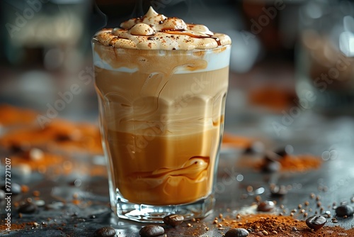 a cold glass of coffee with milk product shot, product view, dark ambiance