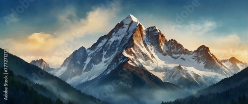 for advertisement and banner as Mountain Majesty Show the awe inspiring presence of towering peaks. in Global Business  theme ,Full depth of field, high quality ,include copy space on left, No noise,  © Gohgah