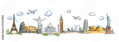 Canvastavla A hand-drawn collage featuring famous world landmarks and airplanes on a white b