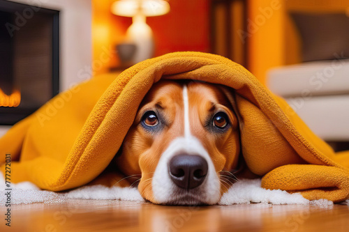 Snuggled Pup: Canine Nestled Under Yellow Blanket, Cold Inside © Iana Alter