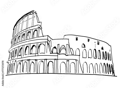 A hand-drawn sketch of an iconic ancient amphitheater on a white background, depicting the concept of historic architecture