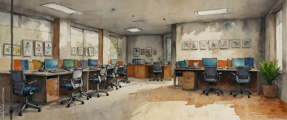 for advertisement and banner as Strategy Studio A strategic planning studio in an office visualized in watercolor. in watercolor office room theme ,Full depth of field, high quality ,include copy spac