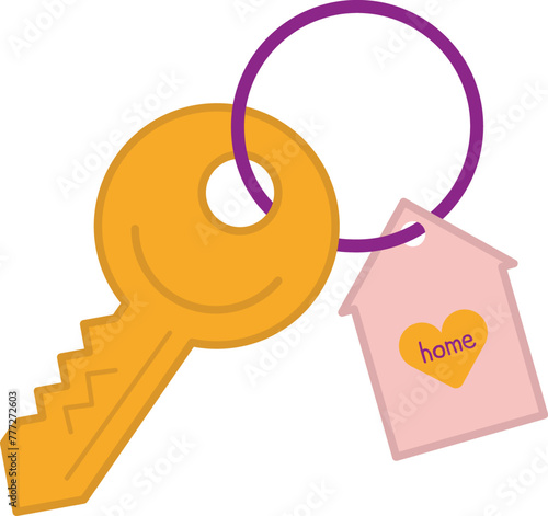 home key on keychain with trinket isolated on transparent background. vector flat cartoon illustration of house key. cute key clip art