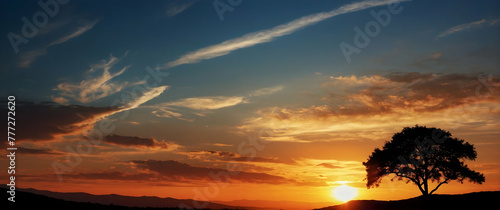 for advertisement and banner as Sunset Silhouettes Capturing the dramatic silhouettes of landscapes against the setting sun. in Fresh Landscape theme ,Full depth of field, high quality ,include copy s