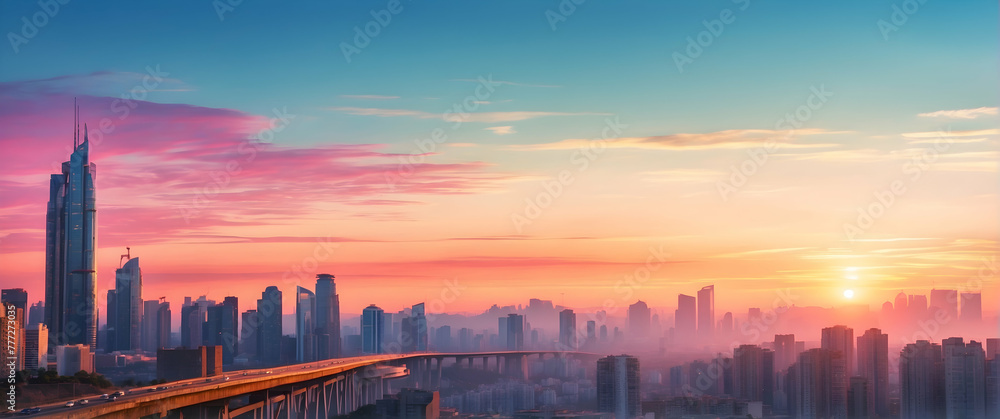 for advertisement and banner as Urban Dawn A cityscape at dawn blending urban structures with morning light. in watercolor landscape theme theme ,Full depth of field, high quality ,include copy space 