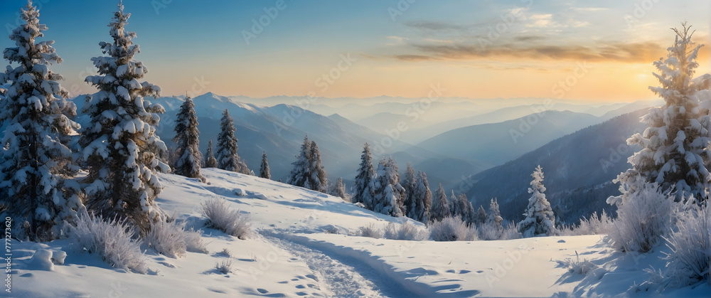 for advertisement and banner as Winter Wonderland Evoke the pristine beauty of snow covered terrains. in Global Business  theme ,Full depth of field, high quality ,include copy space on left, No noise