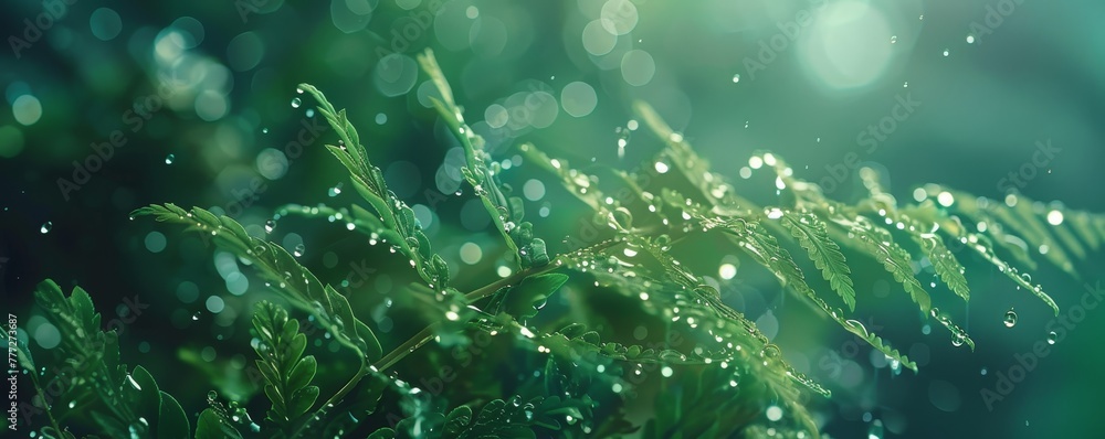 Spring's Gentle Touch: Dewy Raindrops Adorning the Delicate Fronds of a Newborn Fern Spring's Gentle Touch: Dewy Raindrops Adorning the Delicate Fronds of a Newborn Fern
