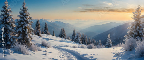 for advertisement and banner as Winter Wonderland Evoke the pristine beauty of snow covered terrains. in Global Business theme ,Full depth of field, high quality ,include copy space on left, No noise
