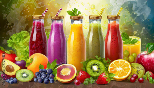 Fresh fruit and vegetable smoothies or juice in bottles with various ingredients around