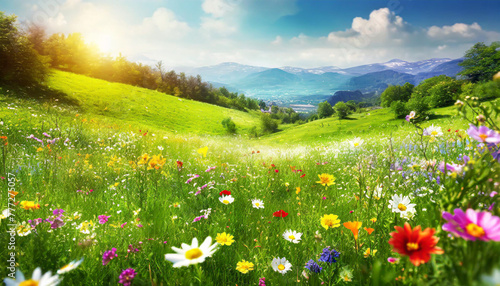 Landscape of meadow with wildflowers and mountains in background, beautiful of a meadow full of wildflowers © netsay