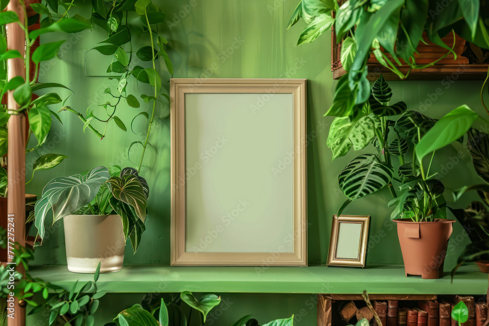 Brown mock up photo frame on the green shelf with beautiful plants. - obrazy, fototapety, plakaty 