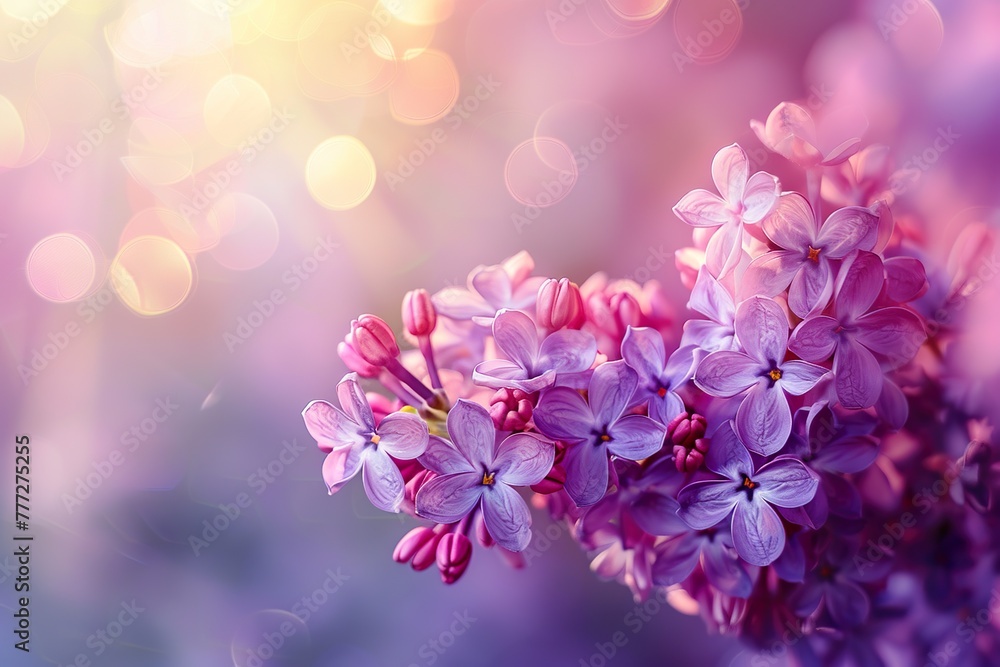 Lilac flowers spring blossom, sunny day light violet bokeh background