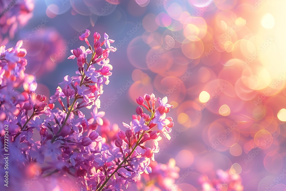 Lilac flowers spring blossom, sunny day light violet bokeh background