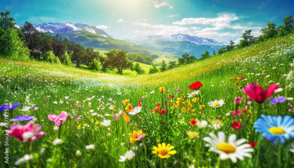 Landscape of meadow with wildflowers and mountains in background, beautiful of a meadow full of wildflowers Landscape of meadow with wildflowers and mountains in background, beautiful of a meadow full of wildflowers