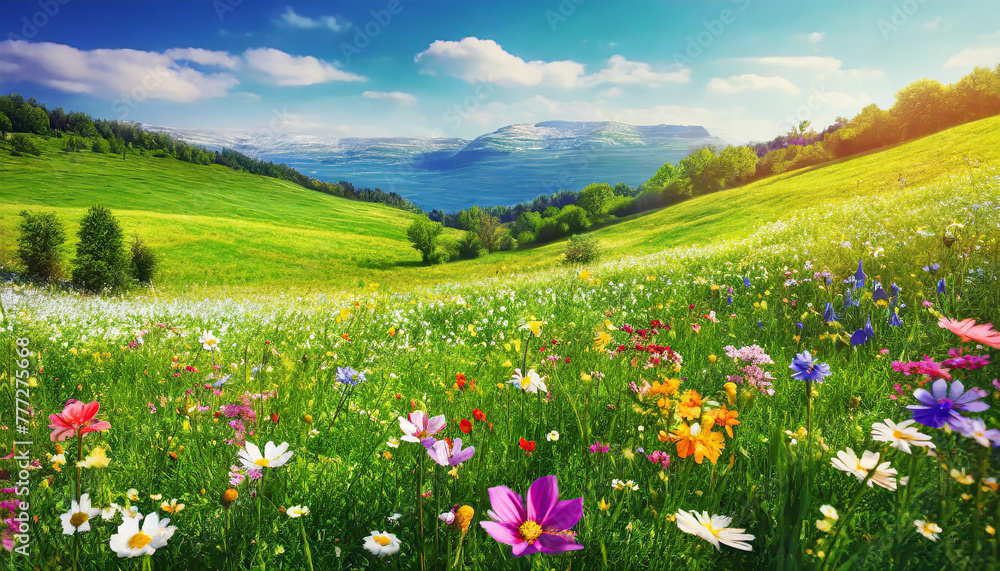 Landscape of meadow with wildflowers and mountains in background, beautiful of a meadow full of wildflowers