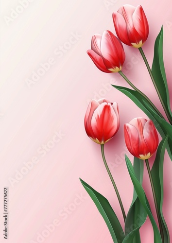 Red Tulips on Pink and White  Floral Painting with Copy Space
