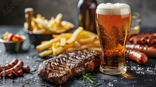  a glass of cold beer, smoked steak on a dark gray concrete table, french fries, smoked sausage, 