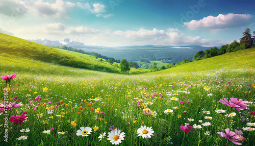 Landscape of meadow with wildflowers and mountains in background, beautiful of a meadow full of wildflowers