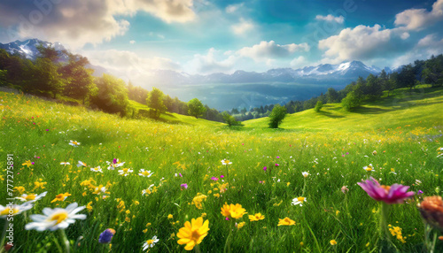 Landscape of meadow with wildflowers and mountains in background, beautiful of a meadow full of wildflowers