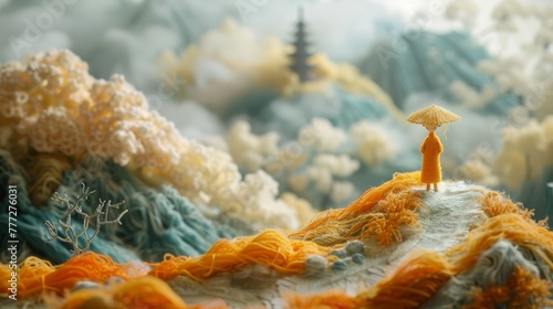 yarn  in the style of photo-realistic landscapes, dark white and light orange, japonisme, isolated  photo