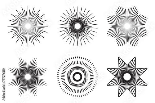 Sunburst design elements collection. Radial sunburst. Circular beams vector.  Abstract line circle vector. Sun rise light round decoration elements. Vector illustration. Set of design elements.