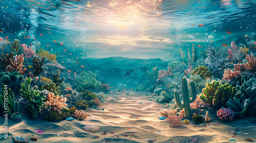Tranquil underwater seascape, light filtering through blue ocean onto coral reef